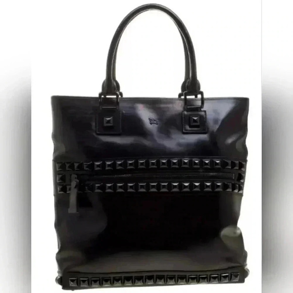 SOLD!! Burberry Men's Black Glazed Leather Studded Tote $1330 - Picture 1 of 16